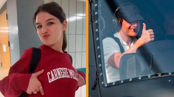 Suri Cruise vive a emoção de entrar na faculdade, enquanto o pai famoso pilota helicóptero em mais um filme