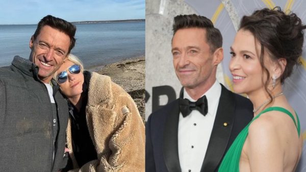 Hugh Jackman em registros com a ex-mulher Deborra-Lee Furness (esq) e a atriz da Broadway Sutton Foster (dir)